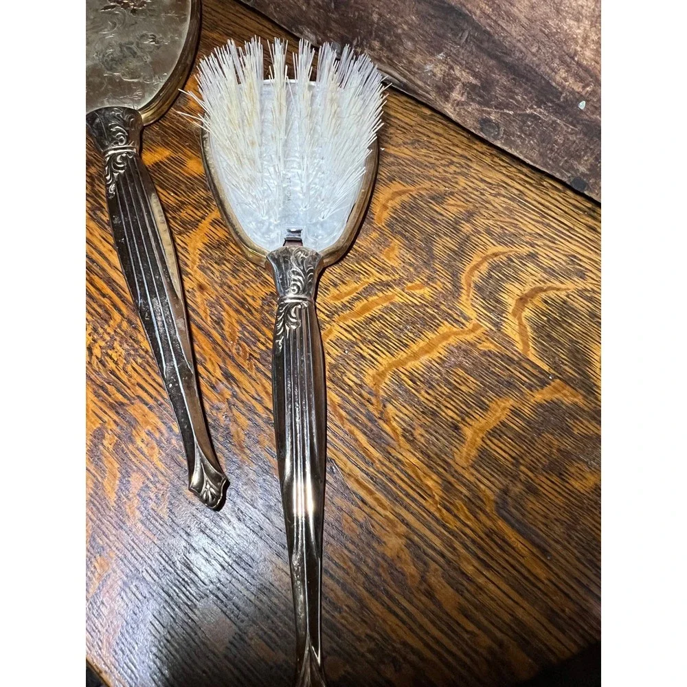 VTG Holywood Regency Floral Silver Gold Tone Hand Mirror & Hair Brush Vanity Set